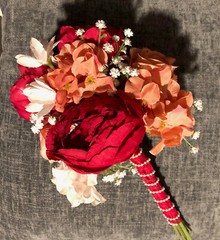 Red, Pink and White Faux Flower Wedding Bouquet with Ribbon & Pearl Embellishmnt