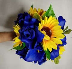 Royal Blue Rose Cala Lily Sunflower Bridal Wedding Bouquet Accessories