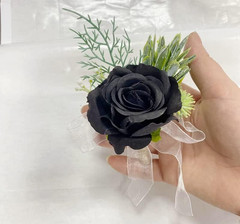 Black Rose Wrist Corsage and Boutonniere Set for Weddings and Prom Events