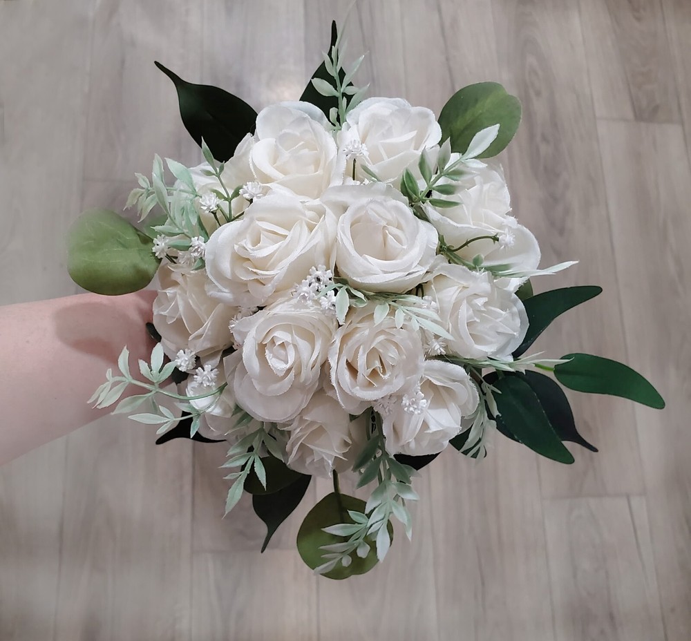 White Bridal Bouquet Wedding Bridesmaid Flowers Silk Rose Eucalyptus Faux Floral