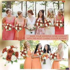 Burnt Orange Rose Bridal Bouquets Set of 5 for Autumn Weddings & Events
