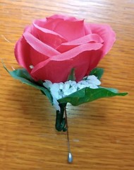 New 14″ Long Red Rose Cascade Bride Bouquet And Boutonniere- Ivy, Babies Breath