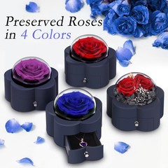 Preserved Rose with Heart Necklace, Eternal Flower Gift for ONE ROSE, Blue