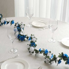 2 WHITE ROYAL BLUE 8 ft long Silk Mini Rose Wedding Garland Leaves Bendable