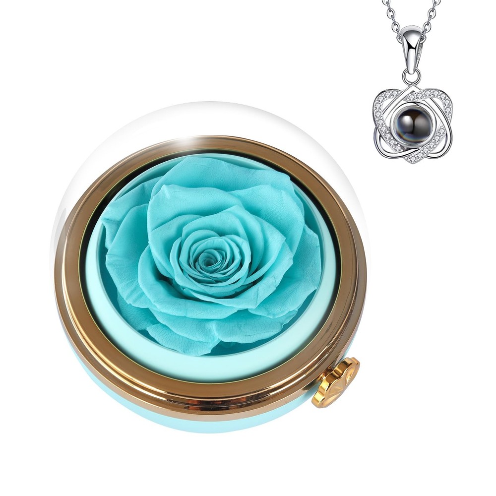 Preserved Real Rose with Heart Necklace , Eternal Flowers Gifts for Blue