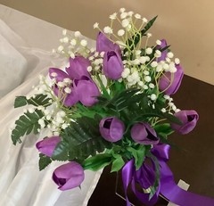 Real touch purple tulip and baby breath bridal bouquet