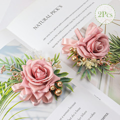 2 Pcs Pink Rose Corsage and Boutonniere Set for Wedding, Artificial Flower Prom