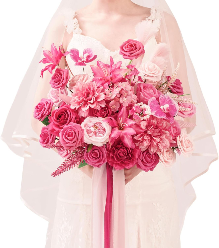 Hot Pink 17″ Artificial Bridal Bouquet – Realistic Silk Flowers for Weddings & D