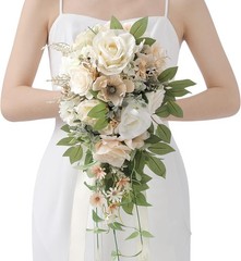 11 Inch Wedding Bouquets Bride Bridesmaid,Fall Cascading Orange Bridal Bouquets