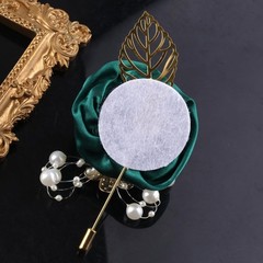 Handcrafted Gold Satin Rose Corsage, Crystal Flower & Pearl Accents, Emerald Gre