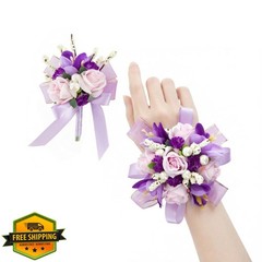 Yelinart Purple Rose Corsage Boutonniere Set Lavender Wedding