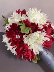 2 Silk Flower Bouquets Red/Ivory/Green w/Rhinestones & Faux Pearls 2 piece set