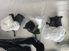 Wedding Bouquet Set, Black & White Roses, Black Velvet Bows, 21 Pc Flowers