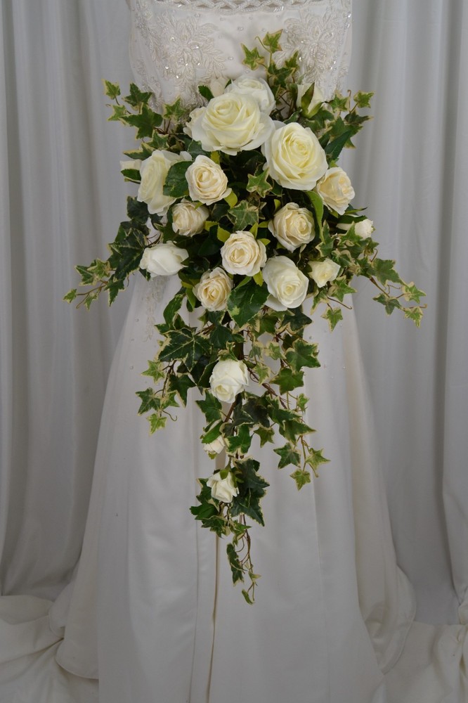 Creamy Rose and Ivy Cascade Faux Silk Wedding Bouquet