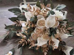 Luxury White Gold Green Faux Wedding Bouquet, Dark Green Cream Bridal Bouquet