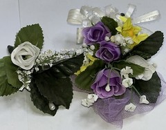 Bridal Wedding Floral Bouquet corsage and boutonniere, white roses, purple