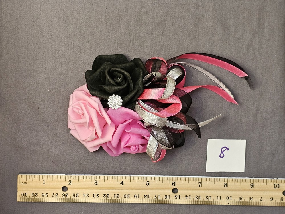 Realistic Faux Rose Corsage – Pink, Black And Silver With Rhinestone Accent