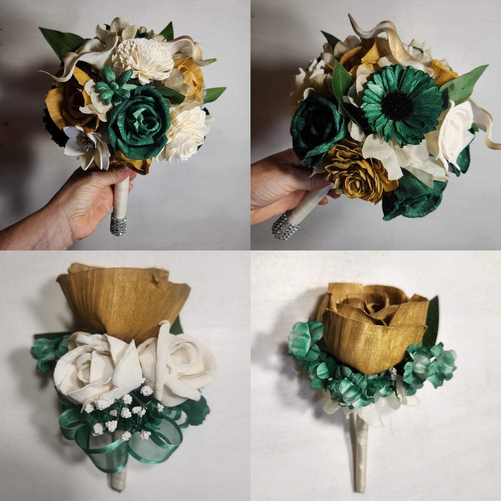 Hunter Green Ivory Gold Rose Sola Wood Bridal Wedding Bouquet Accessories