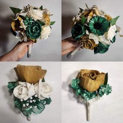 Hunter Green Ivory Gold Rose Sola Wood Bridal Wedding Bouquet Accessories