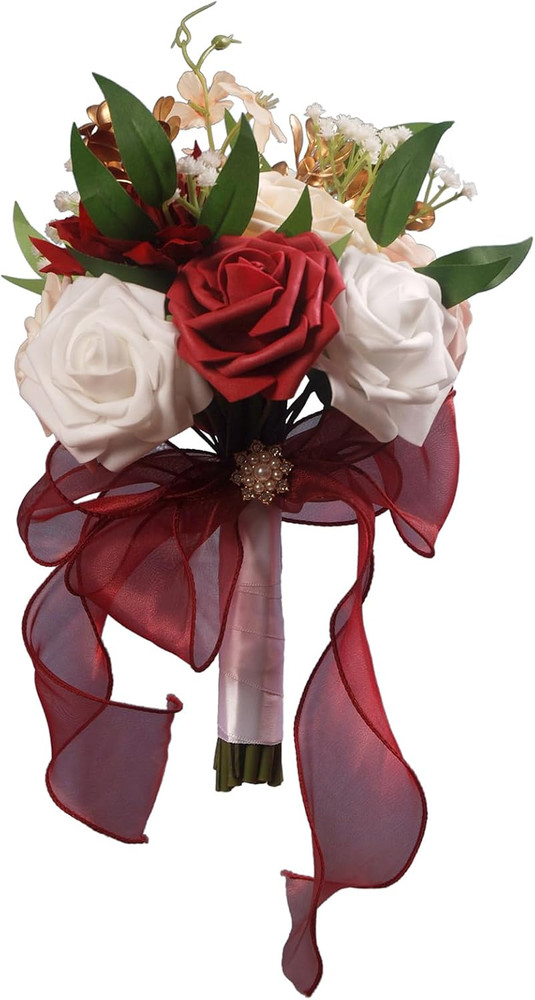 Wedding Bouquets for Bride, Burgundy & White Bridal Bridesmaid Flower with Silk