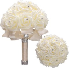Ivory Cream Bouquet for Bride Bridesmaids with Diamond Soft Ribbons Artificia…