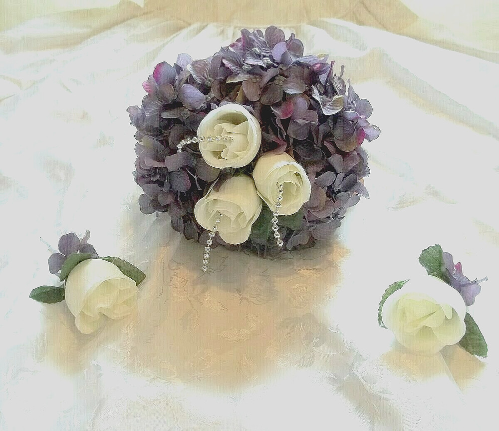 Wedding bouquet bride dark lavender off white rosebud silk artificial round