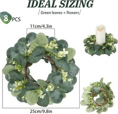 20 Pcs Wedding Candle Rings Green Eucalyptus Leaves Wreaths Artificial Leaf C…