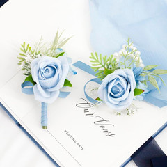 Light Blue Corsage and Boutonniere Set for Wedding Prom, Artificial Rose Babysbr