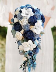 White Lily Bridal Bouquet Navy Dusty Blue Sola Wood Cascade Wedding Flowers