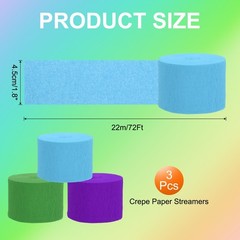 3Roll 1.8″x72FT Crepe Paper Streamers Decorations Light Blue/Green/Bright Purple