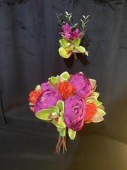 wedding bouquet bridal artificial silk flowers, Mauve, orange and green.