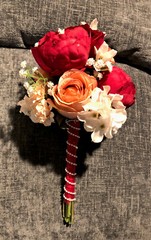 Red, Pink and White Faux Flower Wedding Bouquet with Ribbon & Pearl Embellishmnt