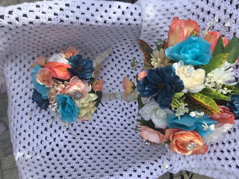 Wedding flowers bridal bouquets bridal pkg. TEALS And CORAL 7 bouquet