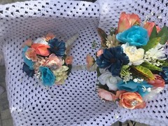 Wedding flowers bridal bouquets bridal pkg. TEALS And CORAL 7 bouquet