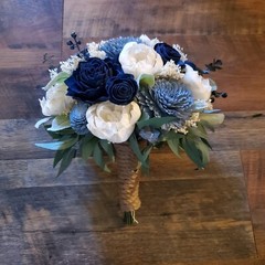 5PC Navy Dusty Blue Sola Wood Wedding Bouquet Set – 1 Bridal & 4 Bridesmaids