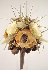 Unique and Gorgeous Wedding Bouquet Silk Flowers, Foliage and Brown Ribbon