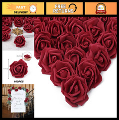 100 Pcs Burgundy Foam Fake Rose Flower Heads for DIY Wedding & Home Decor
