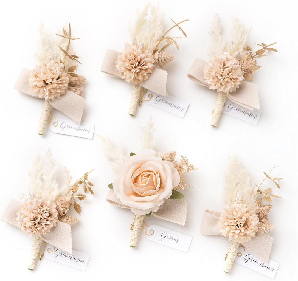 Boutonniere for Men, 6Pcs Groom Groomsmen Boutonniere, Artificial Flowers for We