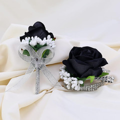 2Pcs Black Rose Corsage and Men Boutonniere Set Women Wristlet Band Wrist Bracel
