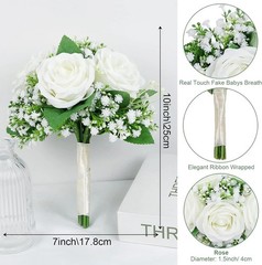 Elegant Ivory Silk Rose Flower Bouquets – 6 Bridesmaid Size, 7 Inch, Wedding
