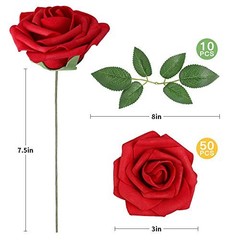 Artificial Flowers Rose Real Looking Fake Roses w/Stem for DIY 50pcs Dark Red