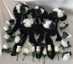 Wedding Bouquet Set, Black & White Roses, Black Velvet Bows, 21 Pc Flowers