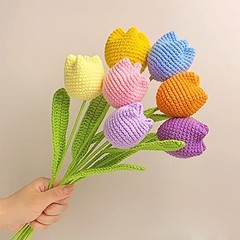 Crochet Flowers, 7PCS Fake Tulips Artificial Flowers Handmade Knitted Tulip