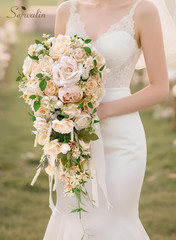 11 Inch Champagne Wedding Bouquets for Bride Bridesmaid, Artificial Rose Bridal