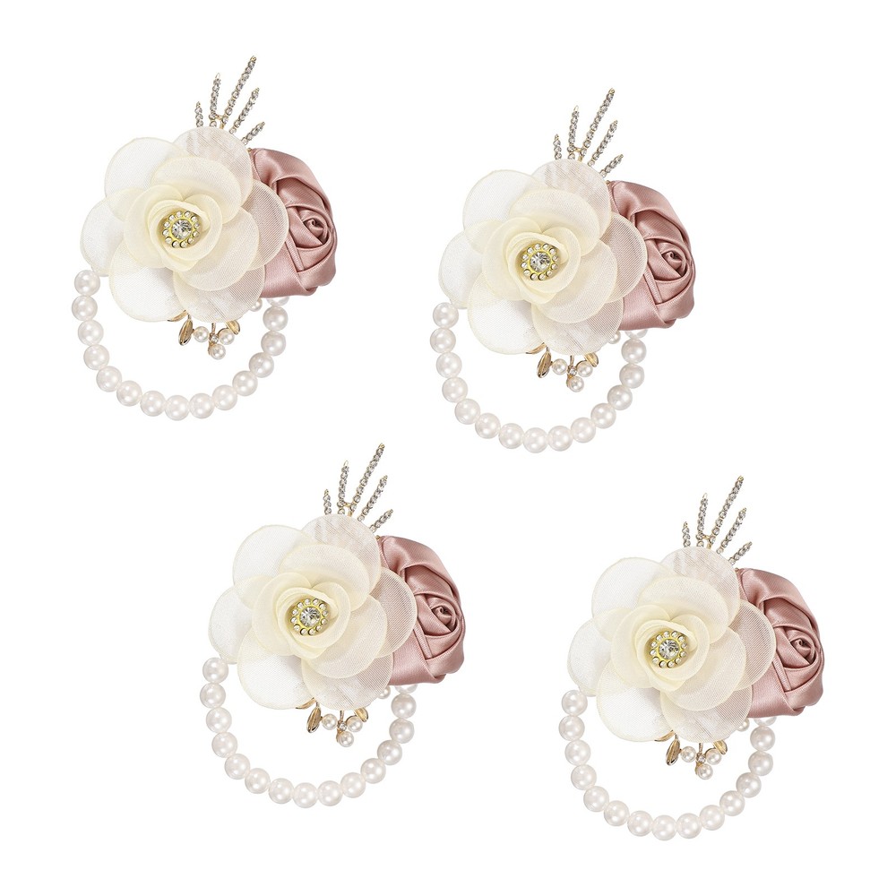 Rose Wrist Corsage, 4Pcs Wrist Corsage Bracelets Flower Wristlet, Dusty Pink