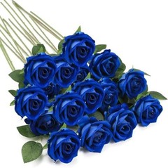 16PCS Artificial Silk Flowers Faux Roses Bouquet Long Stem for Home Royal Blue