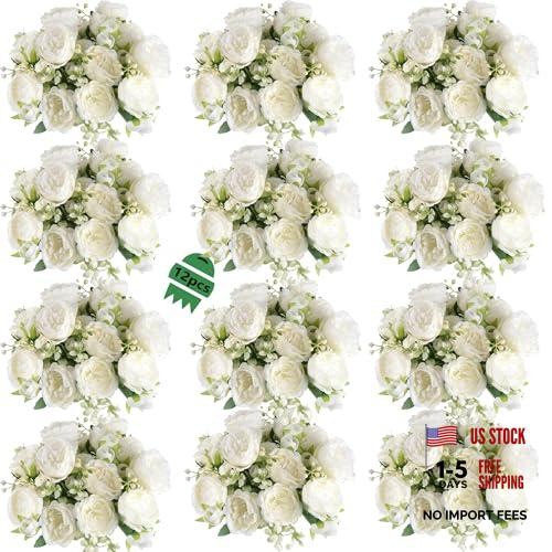White Artificial Flowers Bouquet – 12 Bundles – Lifelike Silk Fake Peonies