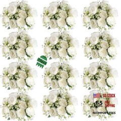 White Artificial Flowers Bouquet – 12 Bundles – Lifelike Silk Fake Peonies