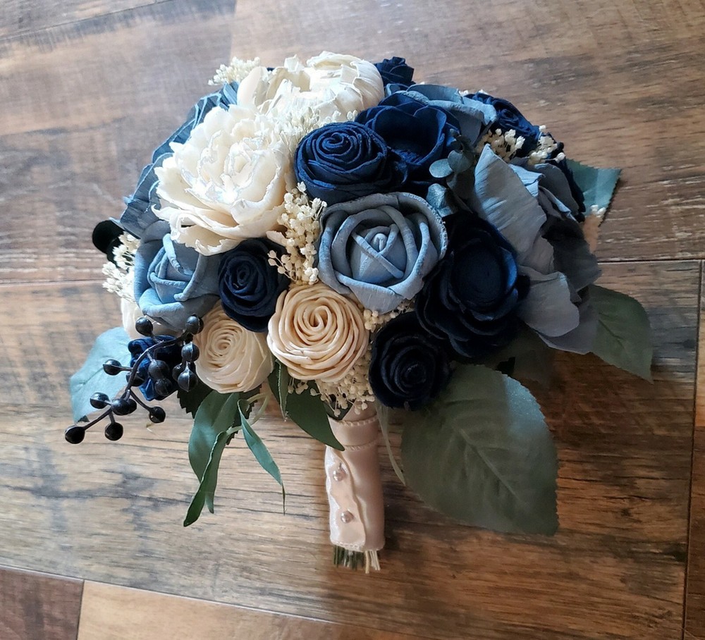 Dusty Blue Navy Sola Wood Bridal Bouquet Flowers for Weddings Bridesmaid Prom