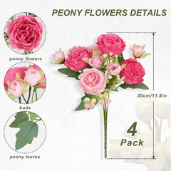 4 Packs Peonies Artificial Flowers, Mixed Pink Artificial Peonies, Silk Peonies
